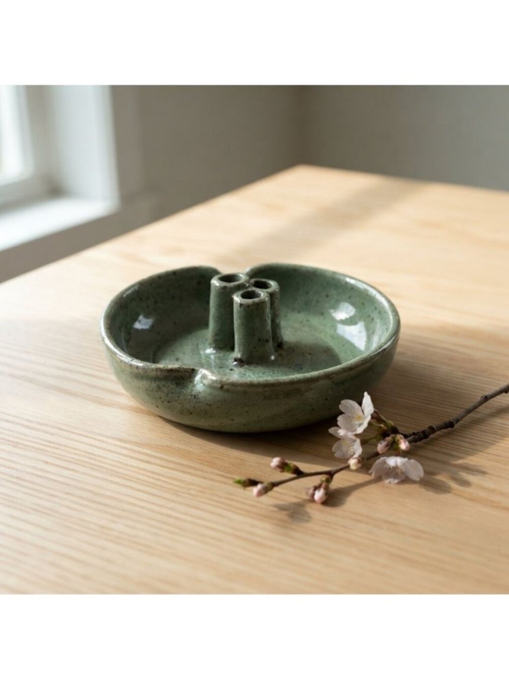 Vintage Studio Art Pottery Ikebana Flower Frog Bowl Signed Speckled Celadon Gree
